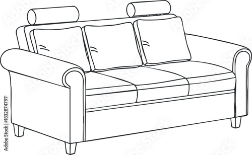 Outline vector illustration of a modern sofa with cushions and armrests, ideal for interior design concepts