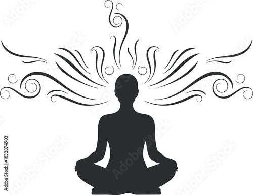 Elegant silhouette vector illustration of a meditating figure with swirling energy, perfect for wellness and mindfulness projects