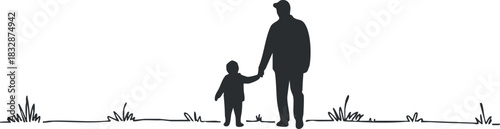 Silhouette vector illustration of a parent holding hands with a child in a natural outdoor setting