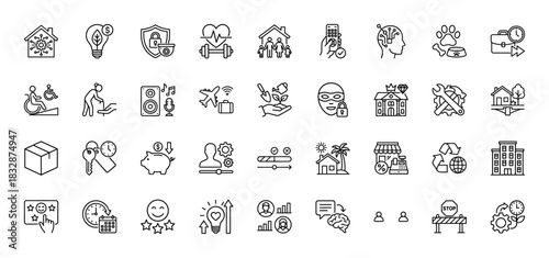 Business and lifestyle line icon set. Vector pictograms of smart home, health, logistics, and finance concepts, thin linear illustration.