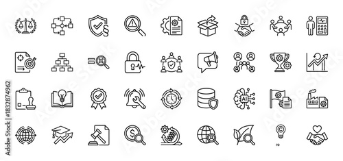 Business management and compliance line icon set. Vector pictograms of legal scale, audit, shield, strategy, flowchart, target and team meeting, thin linear illustration.
