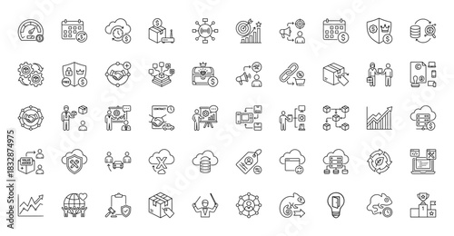 Business, finance, and logistics line icon set. Vector pictograms of speed, calendar, currency, shipping, and data analysis, thin linear illustration.