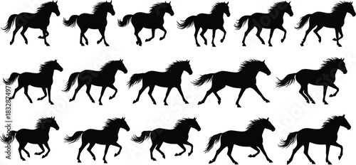 Collection of black horse silhouette icons showing different gaits and movement