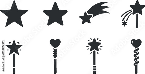 Stylish vector icon set featuring various star and magic wand designs for playful and creative projects
