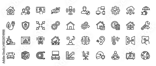 Smart home and automation line icon set. Vector pictograms of settings, security, comfort, and accessibility, thin linear illustration.
