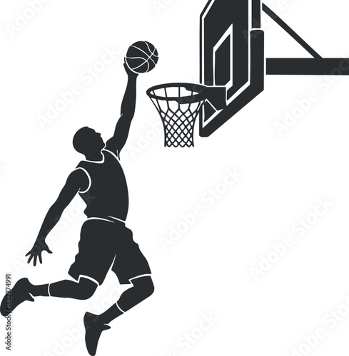 Dynamic black and white vector illustration of a basketball player performing a slam dunk for sports and fitness concepts
