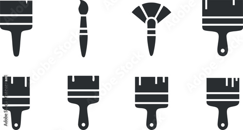 Set of minimalist black and white vector icons featuring various paintbrush designs for art and craft projects