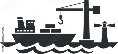 Minimalist vector illustration of a cargo ship with a crane and lighthouse, ideal for maritime and shipping themes