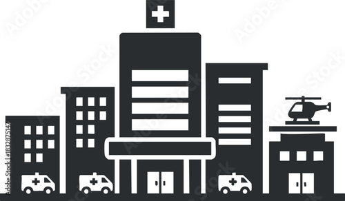 Minimalist black and white vector illustration of a hospital complex featuring ambulances and a helicopter for medical services.