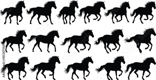 Collection of running horse silhouettes in various gaits for design use