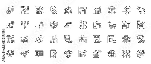 Water management and smart home line icon set. vector pictograms of plumbing, irrigation, water saving, and consumption, thin linear illustration.