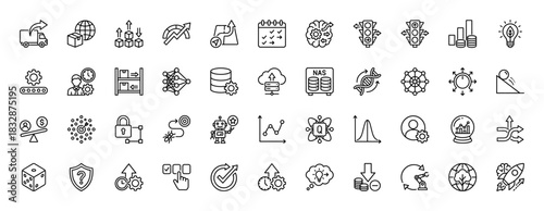 Business and data science line icon set. Vector pictograms of machine learning, delivery, data storage, analysis, and strategy, thin linear illustration.