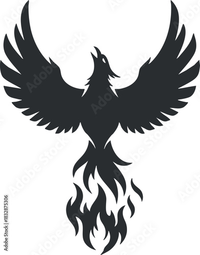 Stylized black vector illustration of a phoenix rising from flames, symbolizing rebirth and strength for design projects.