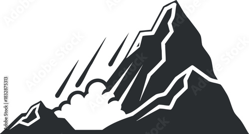 Dynamic black and white vector illustration of a mountain experiencing a landslide, suitable for environmental and adventure themes
