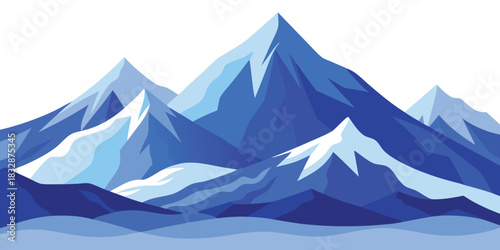 A serene vista of snow capped mountains in varying shades of blue against a white backdrop
