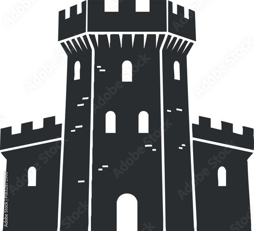Stylized black silhouette vector illustration of a medieval castle tower with battlements, suitable for design and branding projects