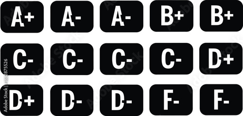 Set of academic letter grade stickers or labels from a to f displayed in a grid pattern on a