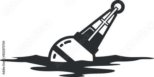 Stylized black and white vector illustration of a buoy partially submerged in water for marine and nautical design projects