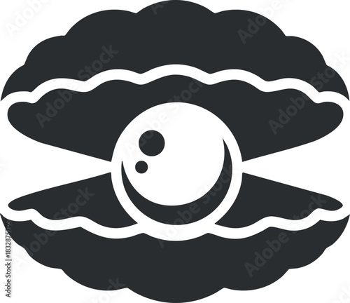 Stylized black and white vector illustration of an oyster with a pearl, ideal for seafood restaurant branding and culinary designs