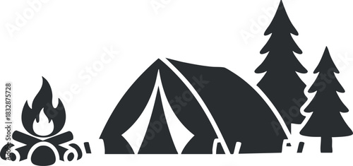 Stylized vector illustration of a camping scene featuring a tent, campfire, and pine trees, ideal for outdoor adventure themes