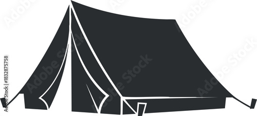 Stylized black and white vector illustration of a camping tent, ideal for outdoor adventure and travel themes