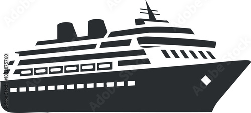 Stylized black silhouette vector illustration of a cruise ship, suitable for travel and tourism projects.