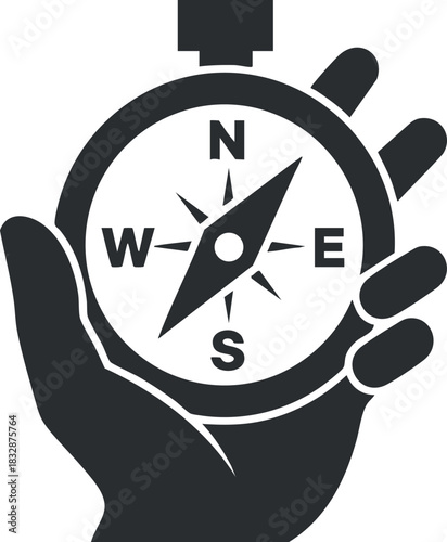 Stylized black and white vector illustration of a compass held in a hand, symbolizing navigation and exploration