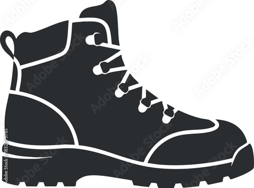 Stylized black and white vector illustration of a hiking boot designed for outdoor activities and adventure.