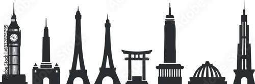 Silhouette vector illustration of famous global landmarks for travel and tourism design projects