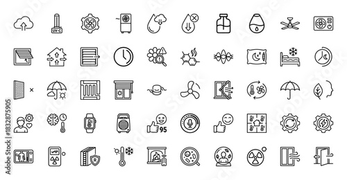 Hvac, home air conditioning, and ventilation line icon set. Vector pictograms of thermostat, fan, cloud, drop, and gear, thin linear illustration.