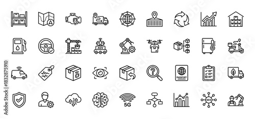 Logistics and smart industry line icon set. Vector pictograms of warehouse, map, truck, engine, agv, automation, and delivery, thin linear illustration.