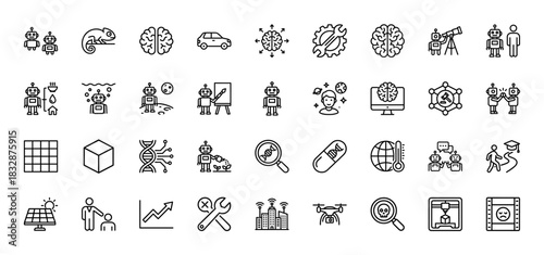 Artificial intelligence line icon set. Vector pictograms of robots, brains, machine learning, and genetic engineering, thin linear illustration.