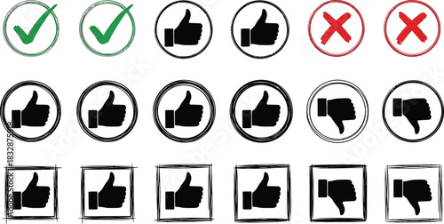 Set of grunge rubber stamp icons for like, dislike, approval, disapproval, yes, no, correct and wrong choice