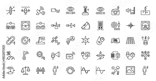Technology and science line icon set. Vector pictograms of sound, light, camera, sensor, satellite, and energy concepts, thin linear illustration.