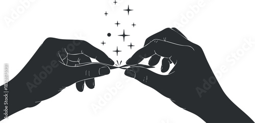 Minimalist black and white vector illustration of hands creating magic with sparkles for creative and artistic projects