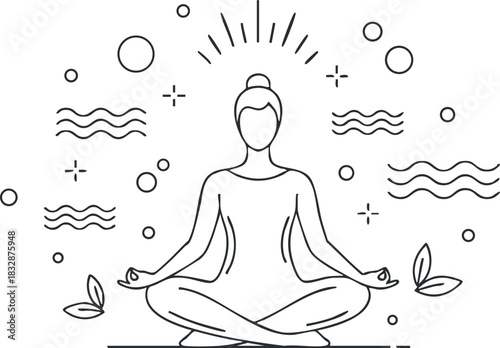Minimalist line art illustration of a meditating figure surrounded by abstract symbols representing peace and tranquility for wellness and mindfulness projects