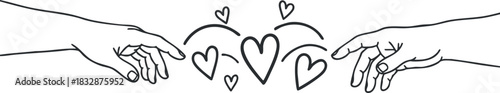 Minimalist line art illustration of two hands reaching towards each other with hearts, symbolizing love and connection