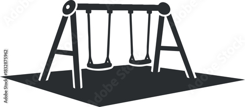 Minimalist black and white vector illustration of a swing set for playground design and children's activity concepts