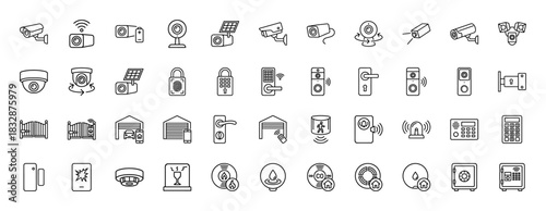 Home security line icon set. vector pictograms of cctv cameras, smart locks, alarms, and smoke detectors, thin linear illustration.