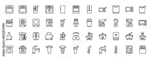 Smart home appliances and kitchen gadgets line icon set. Vector pictograms of oven, dishwasher, blender, coffee maker, and faucet, thin linear illustration.