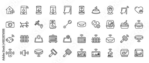 Smart pet care and monitoring line icon set. Vector pictograms of automatic feeder, gps tracker, pet bed, and fence, thin linear illustration.