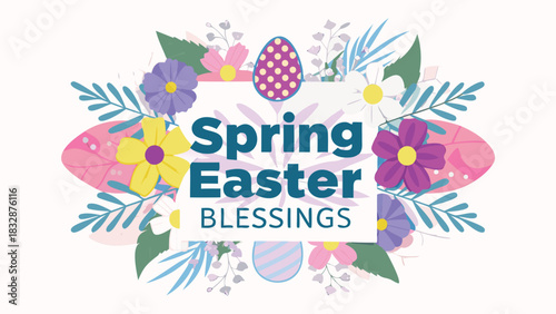 Spring easter blessings with floral wreath and decorative eggs a festive greeting for the holidays