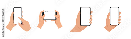 Set of human hands holding and interacting with smartphones in various positions. Flat cartoon illustration isolated on white background. Technology and communication concept