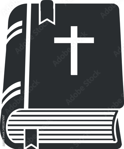 Simple black and white vector illustration of a closed book with a cross symbol, ideal for religious and educational themes