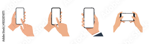 Collection of hands holding and interacting with smartphones in various positions and gestures, isolated on white background