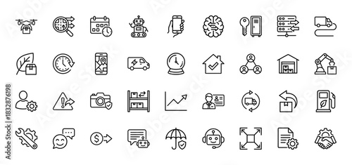 Logistics and supply chain line icon set. Vector pictograms of drone, truck, warehouse, robot, tracking, packaging, handshake, inventory, thin linear illustration.