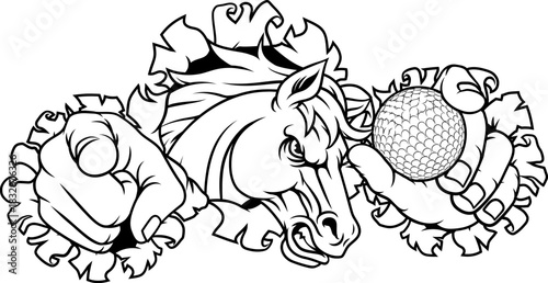 Horse mustang bronco stallion angry golf sports team mascot holding a ball.