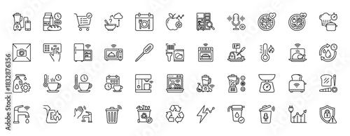Kitchen and smart home automation line icon set. Vector pictograms of appliances, food, safety, and hygiene, thin linear illustration.