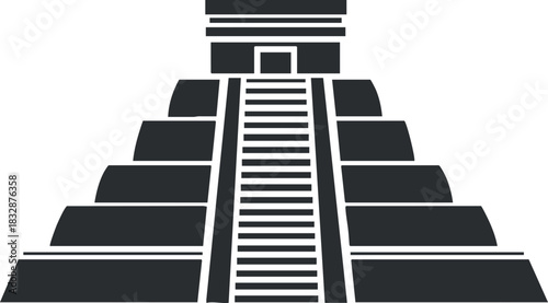 Stylized black and white vector illustration of an ancient temple pyramid, ideal for cultural and historical design projects