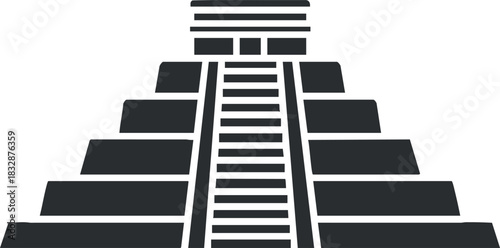Geometric black and white vector illustration of a Mayan pyramid design for cultural and historical projects